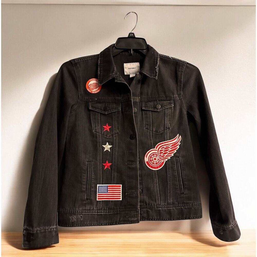 Custom Old Navy‎ DETROiT RED WINGS Black Jean Jacket Women’s Size M Medium Denim